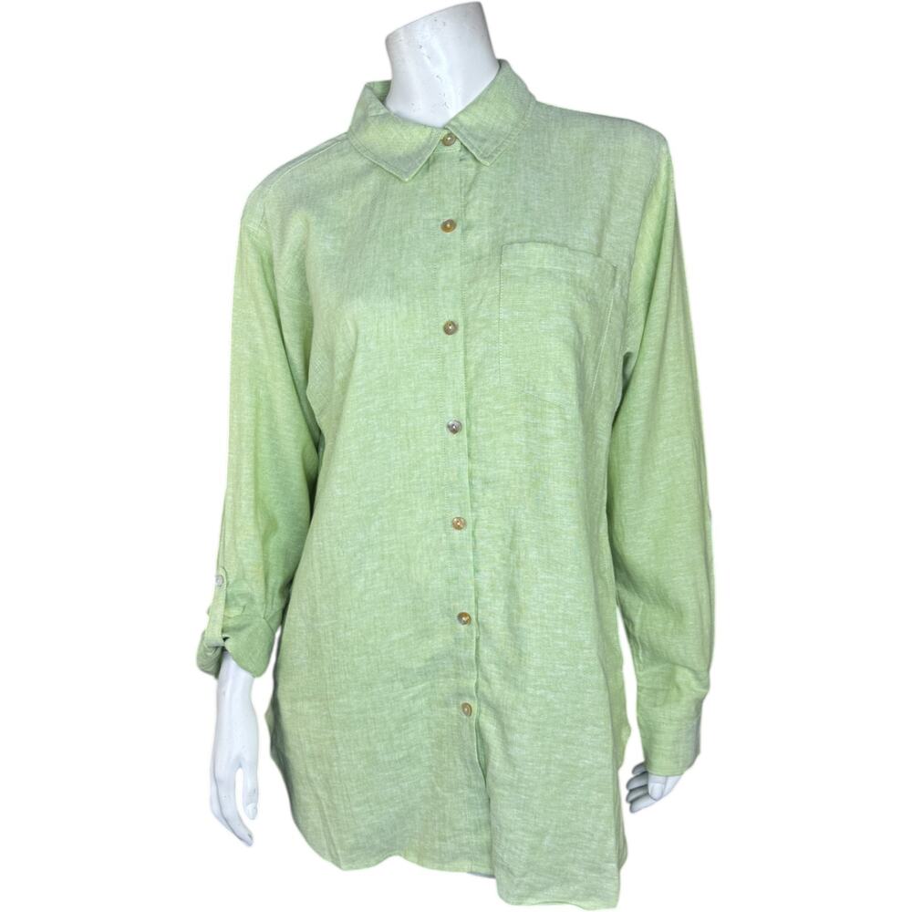 Susan Graver Pure Green Linen Blend Button Shirt XS Roll‎ Tab Sleeve Lightweight